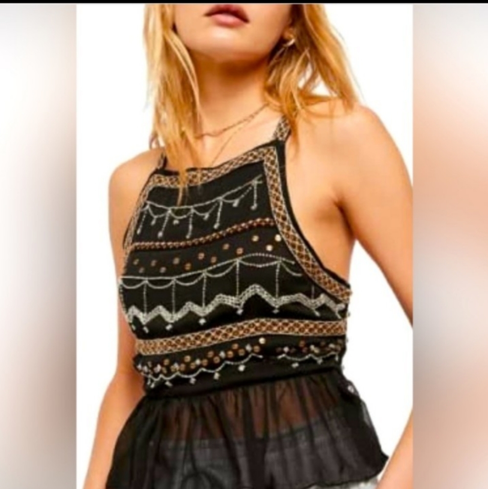 Free People Black Embroidered Sequinned Tank Top NWT